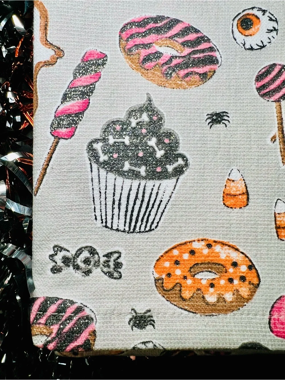 2 Halloween Sweets Kitchen Towels Candy Cookie Ghost Cupcake Donuts Glittered